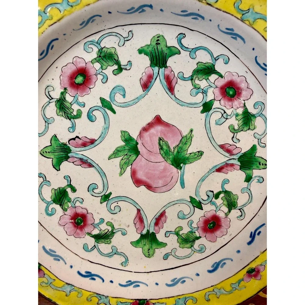 Pair Vintage Chinese Canton Enamel Copper Plates Peach Floral 6